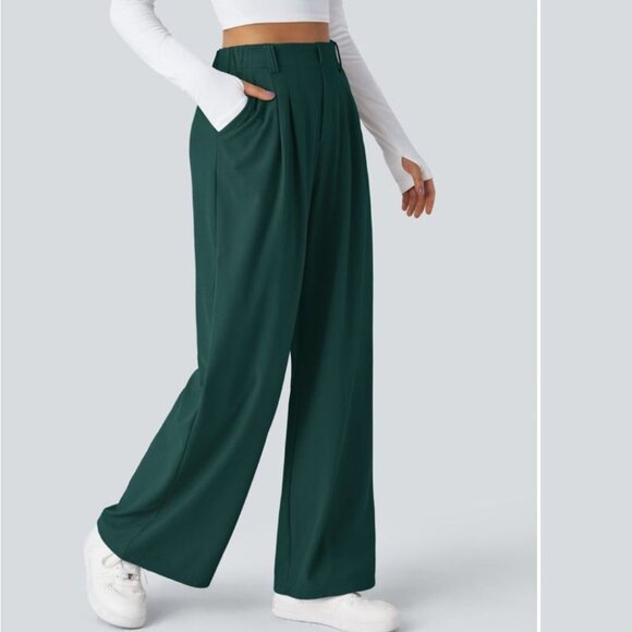 Halara Flex High Waisted Pocket Wide Leg Pant Waffle Office Green Medium Petite - Picture 2 of 13
